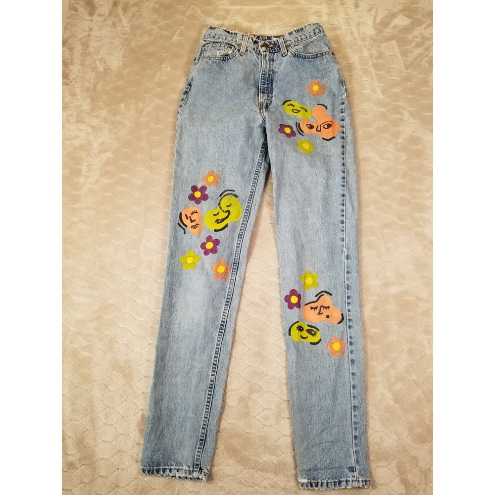 VTG Levis 512 High Rise Slim Tapered Jeans 26x32 USA Custom Painted Floral Faces